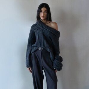 OAK + FORT Dark Gray Off-Shoulder Sweater